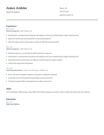 Metal Can Inspector Resume