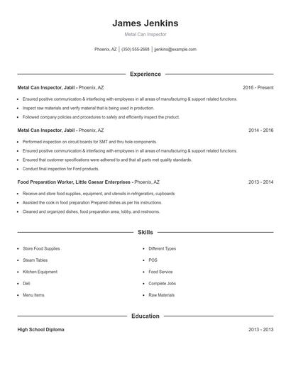 Metal Can Inspector Resume