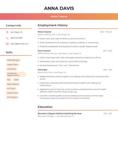 Metal Cleaner Resume