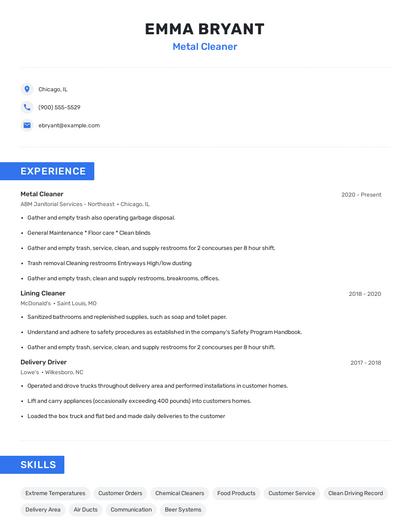 Metal Cleaner Resume