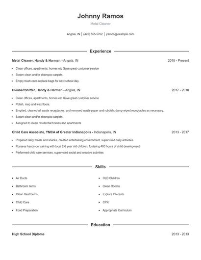 Metal Cleaner Resume