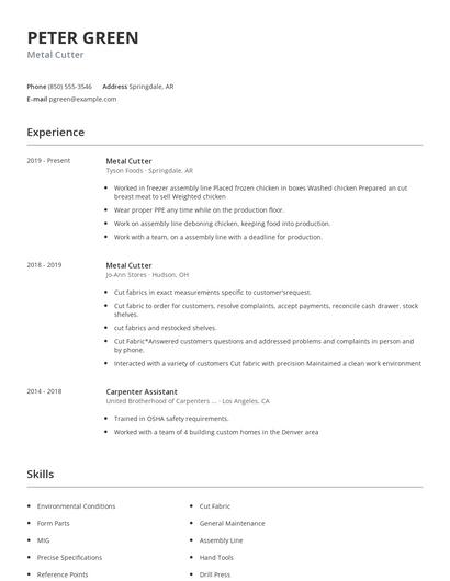 Metal Cutter Resume
