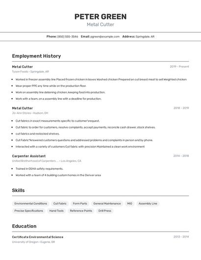 Metal Cutter Resume
