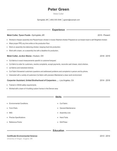 Metal Cutter Resume
