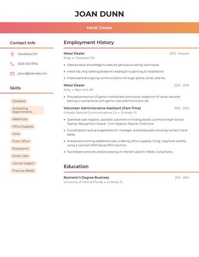 Metal Dealer Resume