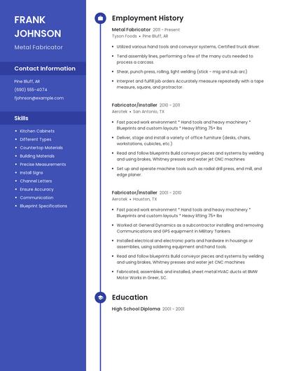 Metal Fabricator Resume