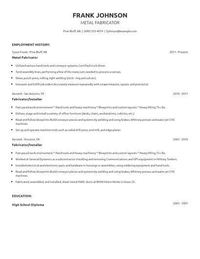 Metal Fabricator Resume