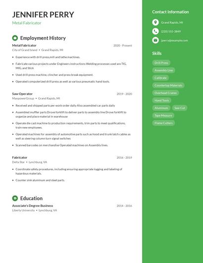 Metal Fabricator Resume
