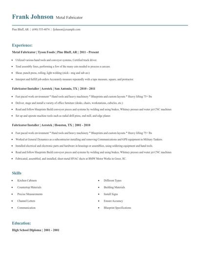 Metal Fabricator Resume