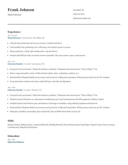 Metal Fabricator Resume