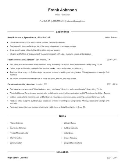 Metal Fabricator Resume