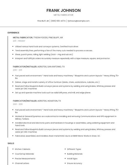 Metal Fabricator Resume
