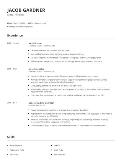 Metal Finisher Resume