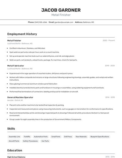 Metal Finisher Resume