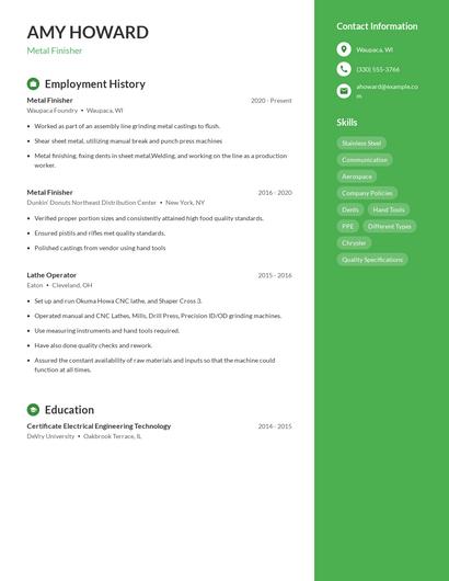 Metal Finisher Resume