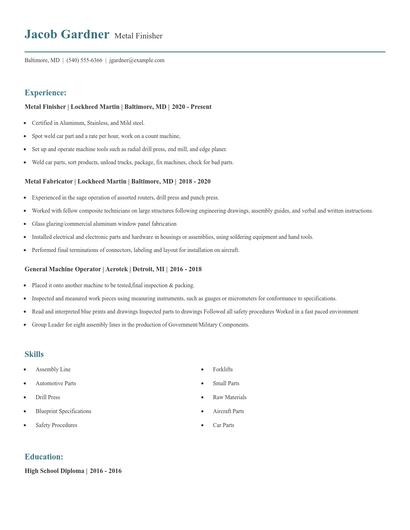 Metal Finisher Resume