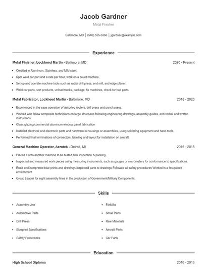 Metal Finisher Resume