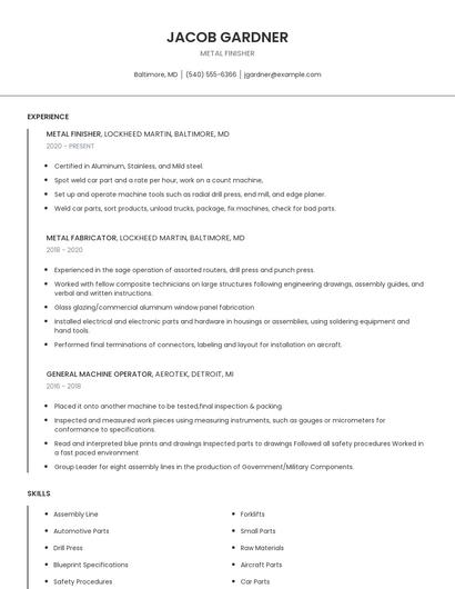 Metal Finisher Resume