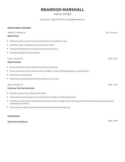 Metal Fitter Resume