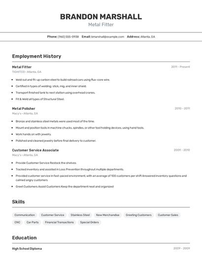Metal Fitter Resume