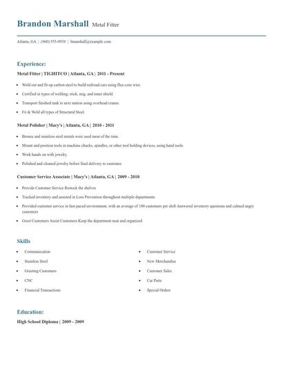 Metal Fitter Resume