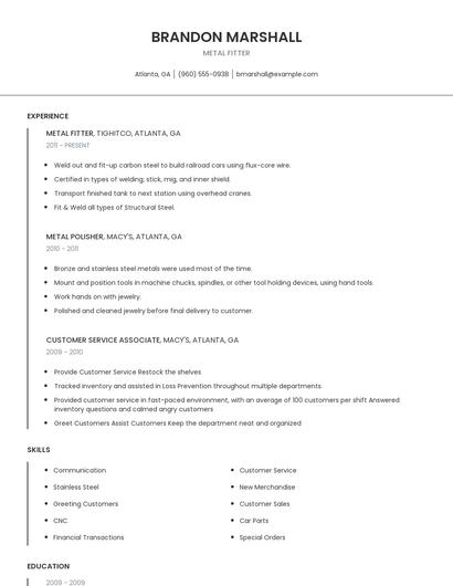 Metal Fitter Resume