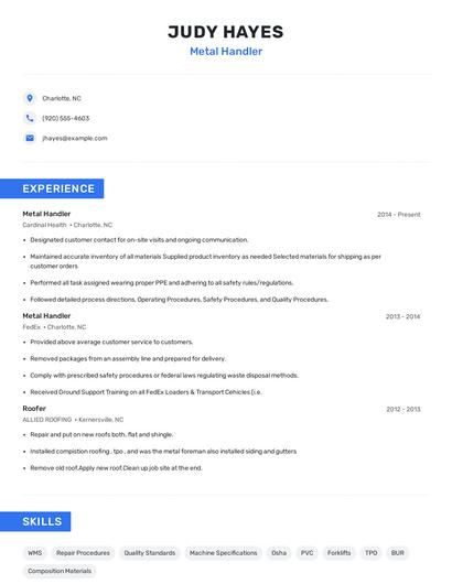 Metal Handler Resume