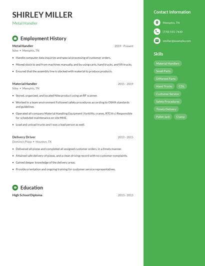 Metal Handler Resume