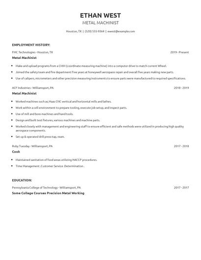 Metal Machinist Resume