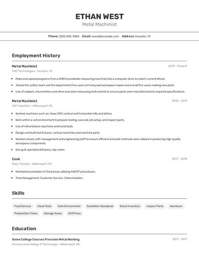 Metal Machinist Resume