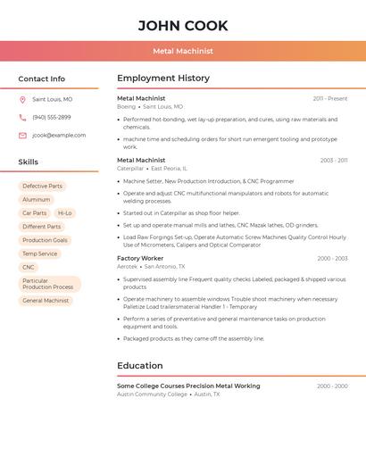 Metal Machinist Resume