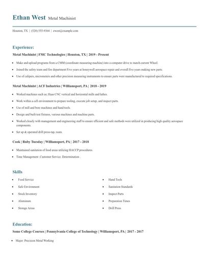 Metal Machinist Resume
