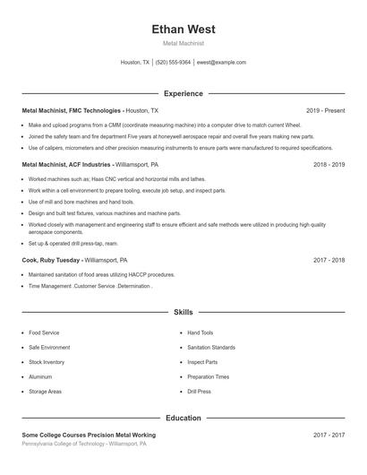 Metal Machinist Resume