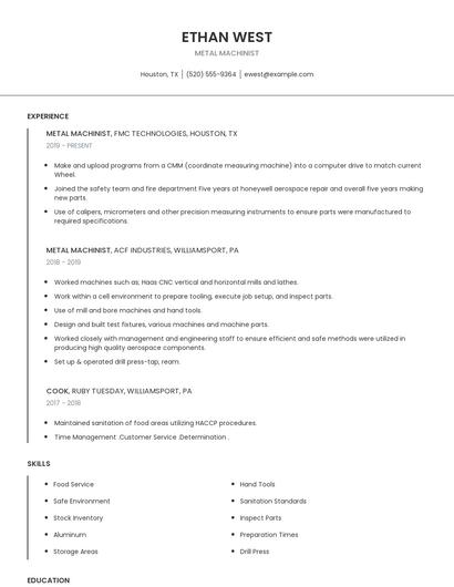 Metal Machinist Resume