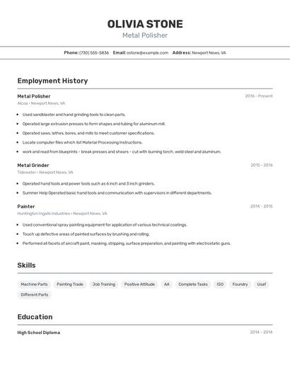 Metal Polisher Resume