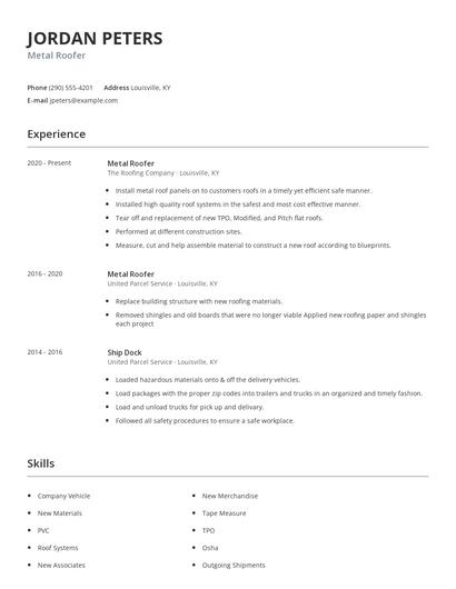 Metal Roofer Resume