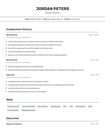 Metal Roofer Resume
