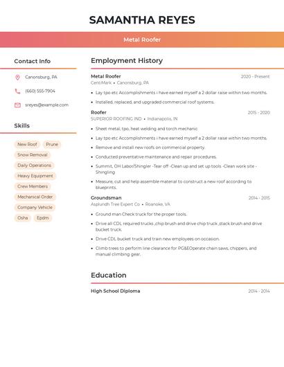 Metal Roofer Resume