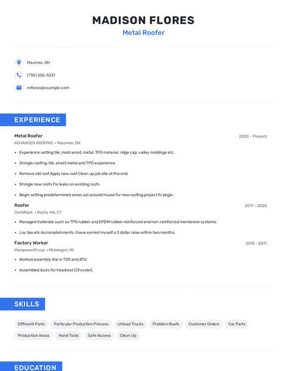 Metal Roofer Resume