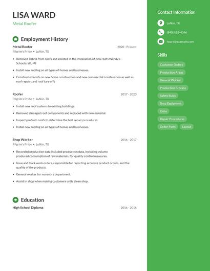 Metal Roofer Resume