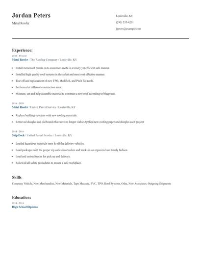 Metal Roofer Resume