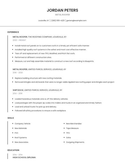 Metal Roofer Resume