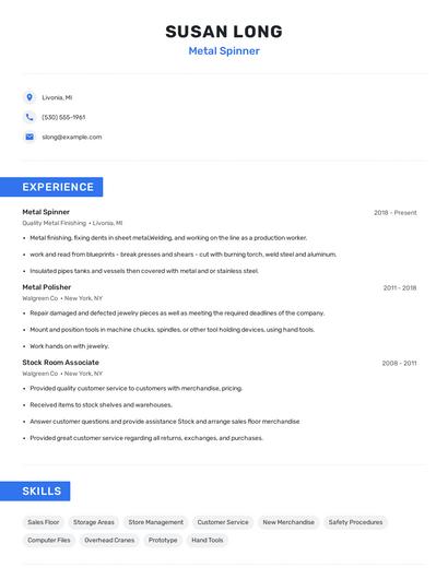 Metal Spinner Resume