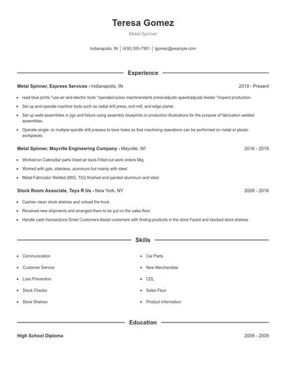 Metal Spinner Resume