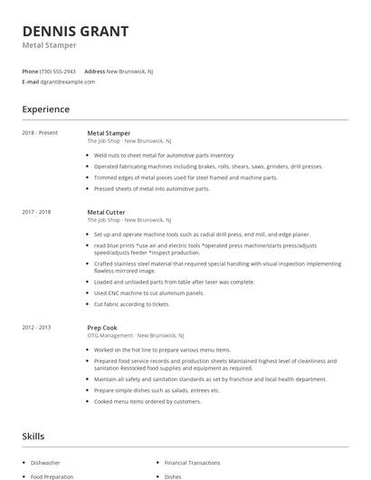 Metal Stamper Resume