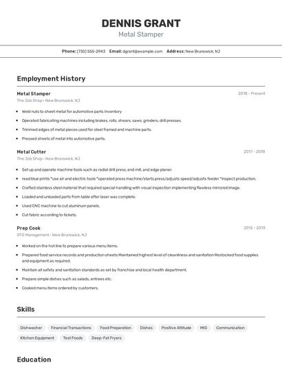 Metal Stamper Resume