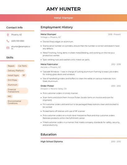 Metal Stamper Resume