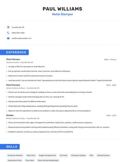 Metal Stamper Resume