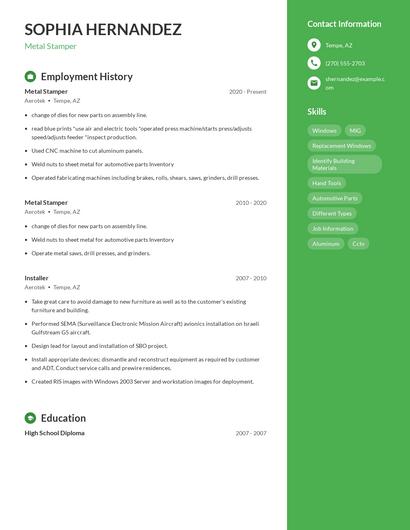 Metal Stamper Resume