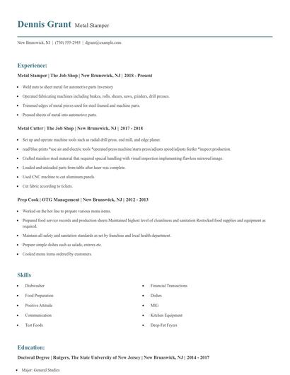 Metal Stamper Resume